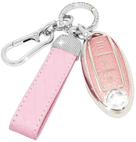SparkleJoy Coque Clé Voiture TPU avec Un Porte-Clés en Cuir,Etui Clé Étui Clé Compatible avec Nissan Qashqai J11 J12 Juke F15 X Trail T32 Micra K13 K14 Infiniti Q50 QX60 EX35 - Smart Key (Rose)
