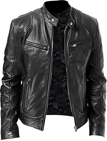 Générique 2025 Veste en cuir pour homme, col montant, hiver, fermeture éclair, en similicuir, veste de motard à manches longues, pull chaud pour homme, Noir , M
