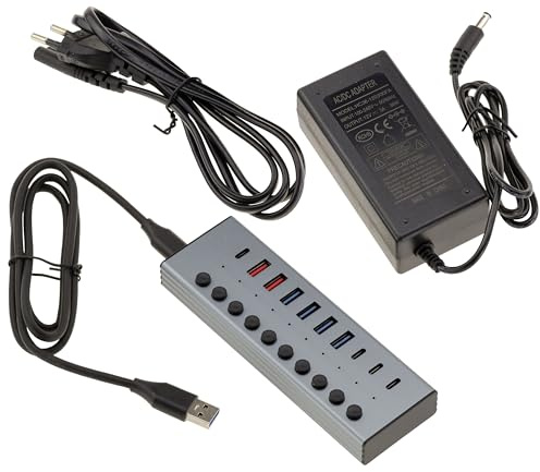 KALEA-INFORMATIQUE USB3-Hub aus Aluminium mit 7 USB 3.0 5G A- und C-Anschlüssen und 3 Quick Charge PD-Anschlüssen, externes Netzteil 12 V 3 A