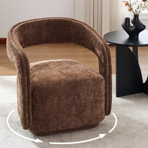 DEKKETO Chenille Oversize Drehsessel mit geschwungener Rückenlehne, Braun | 360° drehbar, 56 cm große Sitzfläche, 10 cm dickes Kissen, einfache Montage, 65,5x70x74 cm, für Wohnzimmer und Schlafzimmer