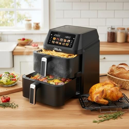 Airfryer, Heißluftfritteuse 2 Kammern, 12 L Heissluftfritteuse, Innovative Mehrfach-Luftgeschwindigkeit, Spart 41 Prozent Platz,10 Programme Mit Automatisch Voreingestellter