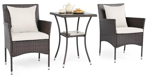 GIANTEX Juego de Muebles de Jardín 3 Piezas, 2 Sillones con Cojines y 1 Mesa con Tablero de Cristal, Conjunto de Muebles de Ratán para 2 Personas, Juego de Bistró para Balcón, Patio (Marrón+Beige)