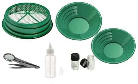 SE Gold Panning Mining Accessories Kit - Includes 10 14 Gold Pans, 1/2 Sifting Screen, 2 Gold Vials, Snuffer Bottle, Tweezers, 7 Pieces