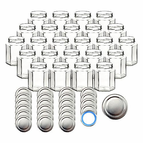 gouveo 24er Set Einmachgläser 332 ml Hexagon Schraub-Deckel silberfarben BS - Vorratsgläser 0,332 l mit Twist-Off-Deckel 66 Deep - Leere sechseckige Gläser zum Einkochen, Aufbewahren