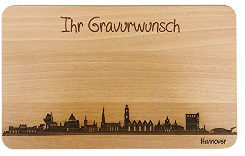 SNEG Brotzeitbrett Hannover Skyline | Frühstücksbrettchen aus Buche | Holz Schneidbrett | Geschenk mit Gravur | Frühstücksbrett | Niedersachsen (22x14x1cm - mit persönlicher Gravur)