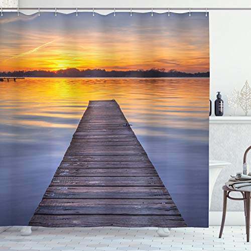 ABAKUHAUS See Duschvorhang, Sonnenuntergang am Paterwoldsemeer, Stoffliches Gewebe Badezimmerdekorationsset mit Haken, 175 x 220 cm, Blau grau Orange Grau