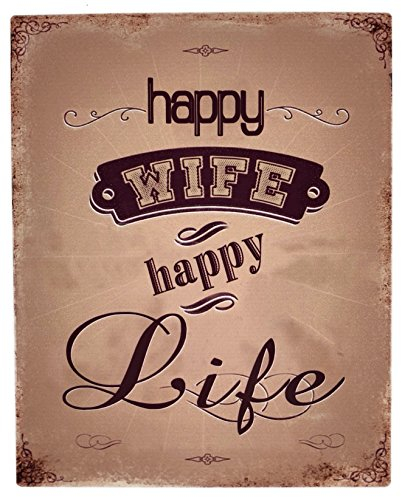 Nostalgie Retro Blechschilder | Happy Wife - Happy Life | Shabby Chic, Antik Metallschild für inner & draußen 20 x 25 cm
