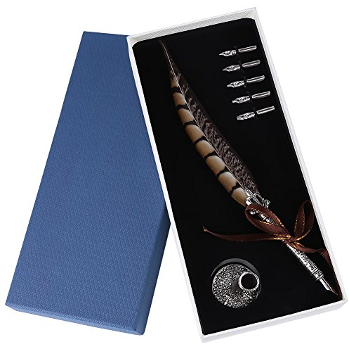 Akozon Feather Pen 3Types Antique Feather Fountain Dip Pen Quill Pen Writing Stationery Business Office Supplies(Stil 7 + 5 Stift + Stifthalter)