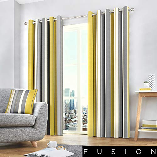 Fusion Yellow Stripe Eyelet Curtains 46 x 72 (117 x 183cm), 100% Cotton, White/Yellow Curtains for Bedroom/Living Room, Door Curtain, Curtains & Drapes, 2 Panels, Ochre