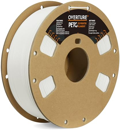OVERTURE PETG Filament Aufgerüstet 1,75 mm, 1kg (2,2 lbs) Spule, 3D-Druck-Filament, Maßgenauigkeit +/- 0.02 mm (Weiß)