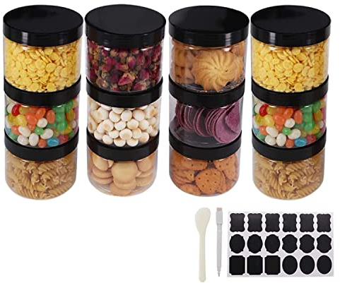 YBCPACK 12 Pack 8 OZ 250ML Round Clear Plastic Jars With Lids, A Spatula, A Pen & Labels - BPA Free PET Container for Cosmetics, Cream, Bathroom, Kitchen, Gifts & Travel Plastic Slime Storage Jars