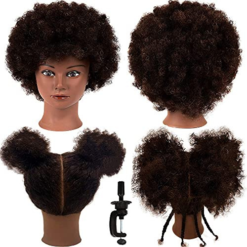 Afro-Schaufensterpuppenkopf mit 100 % Echthaar, lockiges Haar, Friseur, Haarstyling, Kosmetik, Puppenkopf für Friseure, Praxis, Styling, Flechten, mit Klemmständer