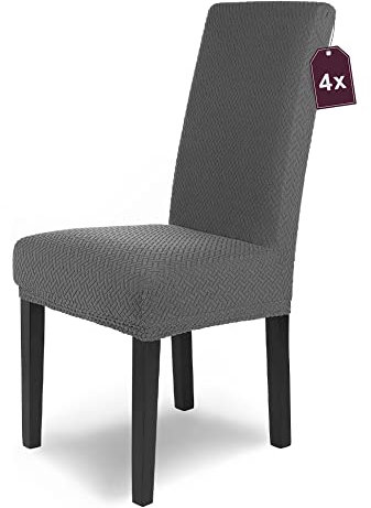 SCHEFFLER-Home Stuhlhussen Stretch Luna/Stuhlhussen 4er Set Anthrazit/elastische Flanell Stuhlabdeckungen/Stuhlhussen Schwingstühle 4er / Hussen Stuhl Überzieher mit Gummiband/Stuhlhussen Samt