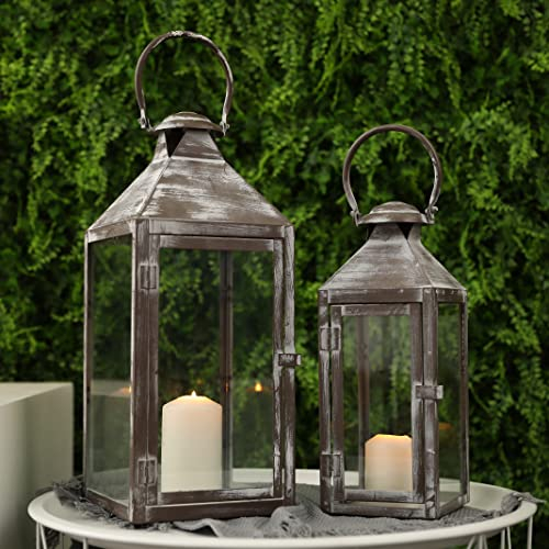 JHY DESIGN 2er-Set Vintage Kerzen Laterne 45&34cm High Dekorative Hängen Metall Kerzenhalter Outdoor Windlicht für Wohnzimmer Party Hochzeit Balkon Garten Indoor Geschenke Flur(Grau Pinsel)