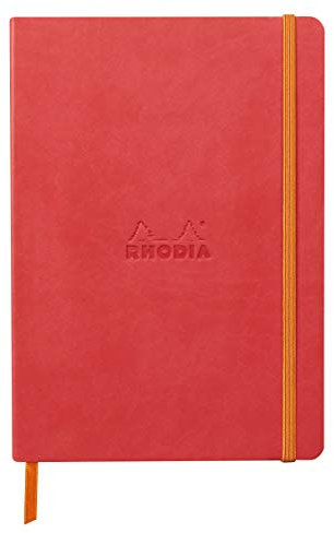 Rhodia 117380C - Notizheft Softcover Rhodiarama DIN A5 (14,8x21 cm), 80 Blatt, liniert Clairefontaine Papier Elfenbein 90g Lesezeichen, Gummizugverschluss, Cover aus Kunstleder Korallenrot, 1 Stück