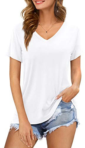 Florboom Tunic Tops for Women UK Short Sleeve V Neck Plain Shirts White Size 18 20