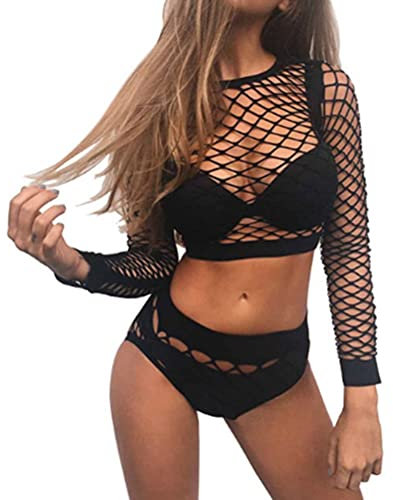 ORANDESIGNE Malla GóTica De Manga Larga Tops De Rejilla Blusas Ropa De Mujer Moda SóLido Malla Ver A TravéS De Goth Manga Larga De Red De Pesca Tops Camiseta para Mujer Verano B Negro S