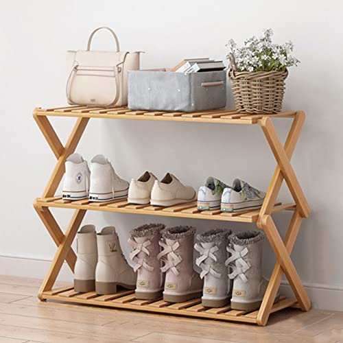 Glsety Étagère à chaussures en bambou à 3 niveaux, portable, pliable, sans installation, petite étagère à chaussures, parfaite pour les couloirs, les chambres et les petits espaces (3 niveaux)