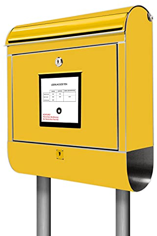 banjado® Briefkasten mit Standfuß Motiv Briefkasten Gelb - Stand Briefkasten Edelstahl mit Zeitungsfach - Postbox/Postkasten A4 Einwurf inkl. Montagematerial & 2 Schlüssel