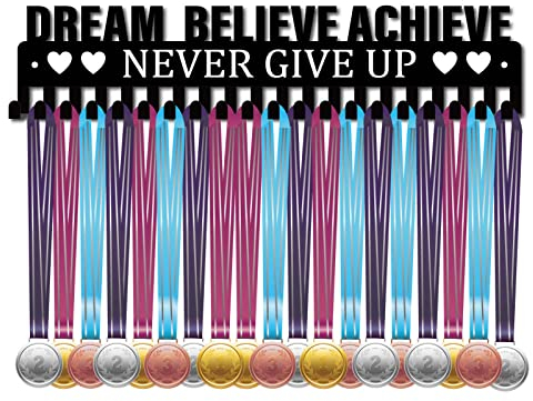 CREATCABIN Medaillenhalter Display Aufhänger Rack Sports Dream Believe Achieve Never Give Up Wandhalterung Aus Metall Mit 20 Haken Für Race Runner Spieler Gymnastik Turner Über 60 Medaillen Schwarz
