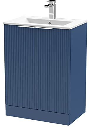 Hudson Reed DFF325B Fluted Modern Bathroom Floor Standing 2 Door Vanity Basin Unit with Minimalist Ceramic Basin, 600mm, Satin Blue