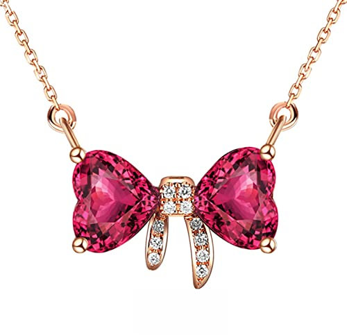 Dsnyu 18K 750 Rose Gold Necklace for Bridesmaids, 1.5ct Tourmaline Necklace Pendants for Women, Bow-Knot Rose Gold Necklace Long for Women Jewelry