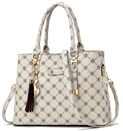 NICOLE & DORIS Damen Handtasche Elegante Schultertaschen Bedruckte Handtaschen PU Leder Frauen Umhängetasche Shopper Tote Mittelgross Tasche Henkeltasche mit Anhänger Grauweiß