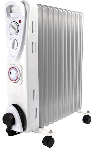 Oil Filled Radiator Heater with 24 Hour Timer - Electric 2.5KW Free Standing Portable Oil Radiator with Thermostat & Timer - 3 Heater Settings, Built in Safety Features