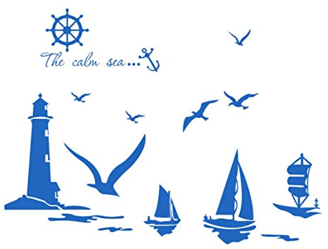 SunaOmni Möwe Wandaufkleber - Abnehmbarer Leuchtturm Wandbild Vogel Boot Wandtattoo - Segelboot Wandtattoo - Wasserdicht - Vinyl - Blau - Nautisch - Indoor