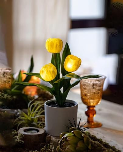 Minidiva Tulpenlampe Künstliche Blumen mit LED-Licht, Simulation Tulpe Nachtlicht mit Vase, Real Touch Tischlampe für Wohnkultur, Hochzeitsarrangements, Geschenk für Party, Batteriebetrieben, Gelb