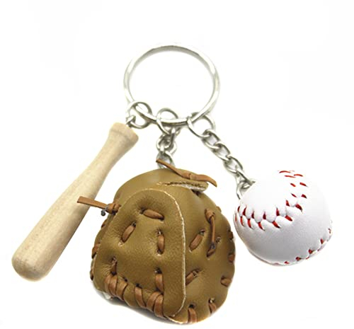 Asudaro Baseball-Schlüsselanhänger, Mini Pu-Leder Baseball-Handschuh Charm Keychain Geschenk Holzschläger mit Baseball- Key Ring für Team-Werbegeschenke,Sport-und Souvenirgeschenke,Siegesfeiern khaki