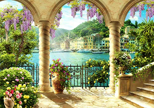 wandmotiv24 Fototapete Hafen Stadt Säulen, 400 x 280 cm - selbstklebende Vliestapete 150g, Wanddeko, Wandbild, Wandtapete, Mediterran, Antik, Blumen M1104