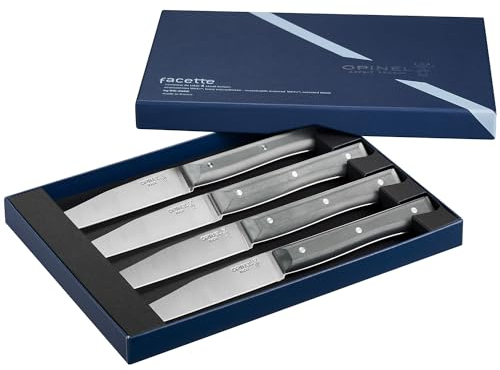 Opinel - Coffret de 4 Couteaux de Table Facette Ardoise - Lame Pleine Soie Microdentée - Manche Éco-Matériau VittEr - Garantie à Vie - Fabrication Française