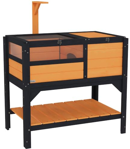 PawHut Tortoise House w/Shelf for Small Pet Reptile Wooden House Yellow | Hide Shelter Den and Run, Lamp Holder, Tray, Indoors, Outdoors