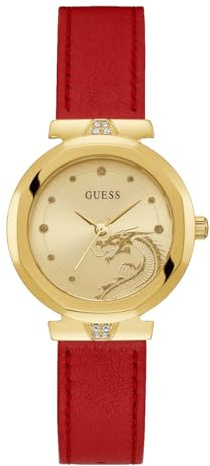 Guess Damen Analog Quarz Uhr mit Leder Armband GW0646L1, rot, Klassisch