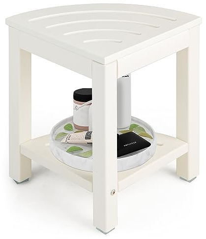 HOMASIS Eck Duschhocker mit 2 Ebenen, fächerförmiger Badehocker aus HDPE, Duschstuhl mit Entwässerungslöcher, Badestuhl belastbar zu 150 kg, 32,5 x 32,5 x 43,5 cm (Weiß)