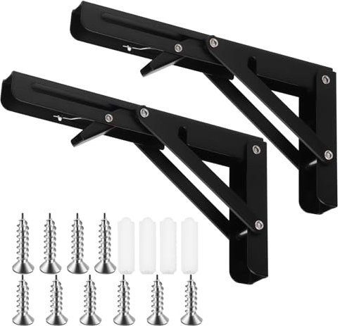 Tanstic 2 Pack 8 Zoll klappbare Regalhalter, Heavy Duty Wand montiert Regalhalter, Metall zusammenklappbar Regalhalter Dreieck Regal Unterstützung, für Tisch Bank, Max Load 220lb (schwarz)