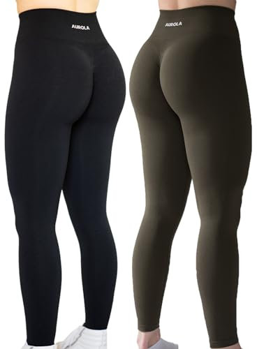 AUROLA Workout-Leggings für Damen, nahtlos, Scrunch-Strumpfhose, Bauchkontrolle, Fitnessstudio, Fitness, Mädchen, Sport, aktive Yogahose, Set (Schwarz + Dunkles Olivgrün), Groß