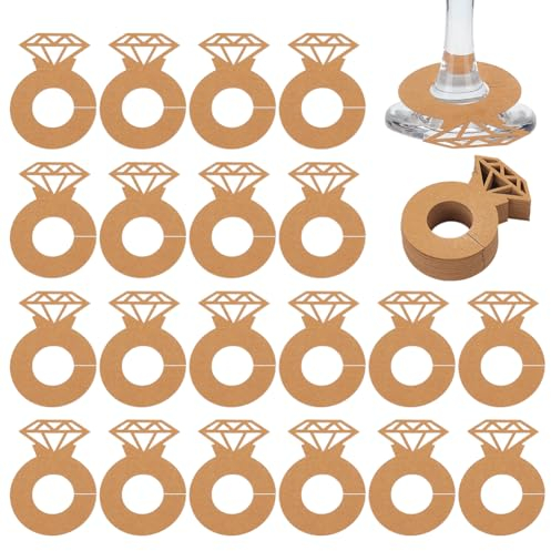 FINGERINSPIRE 100Pcs Diamond Ring Wine Glass Markers 60x43mm BurlyWood Wine Glass Drink Charms Paper Cocktail Champagne Name Tags Wine Charm Wedding Glass Identifiers for Wedding Party Valentines