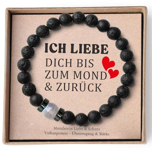 Premium Armband herren| Armband mit Natursteinen vulkanischer Lava und Mondstein| Geschenk für Männer, Geschenkidee für Teenager| Geschenke Geburtstag, Valentinstag,Ostern, Abschlussfeier (17-21cm)