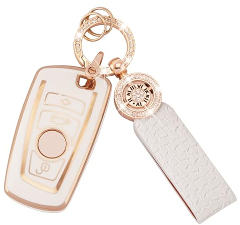 Koaudb Housse pour clés de Voiture pour BMW 1 3 4 5 6 7 Series X3 X4 GT3 GT5 3 4 Boutons Etui pour clé Intelligente en TPU Souple avec Trousseau de clés, Protecteur de clé en Or Blanc (C-BM-4A)