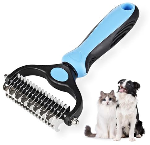 2-in-1 Dog Brush - Pet Grooming Tool, Dematting Dog Comb, Large Deshedding Tool, 2 Sided Undercoat Rake, Cat Dog Matted Fur Remover for Pets Dogs and Cats with Long Hair (Blue)