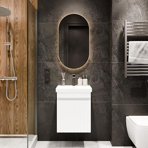 Planetmöbel Cosmia Badmöbel Set Waschbecken mit Unterschrank 50 x 60 x 35 cm Weiß, Spiegel mit Beleuchtung 50 cm, Armatur Badezimmer schwarz, Keramik Waschtisch mit Schublade