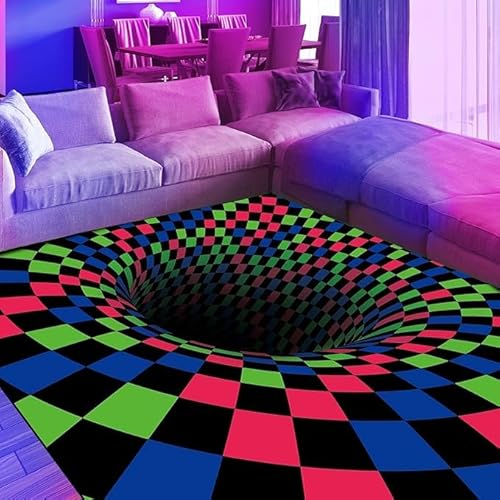 HOLAVIDA Neon-3D-Vortex-Illusionsteppich, groß, Schwarzlicht, UV-reaktiv, visueller optischer Bereich, rutschfest, fluoreszierend, leuchtend, Spielmatte, Teppich, leuchtet im Dunkeln,