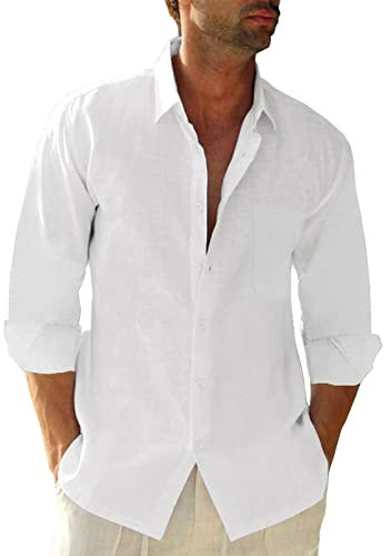 Friptspyg Uomo Camicia Lino Cotone a Maniche Lunghe con Tasca Casual Camicia da Spiaggia vestibilità Regolare Camicie Estive, Bianco M