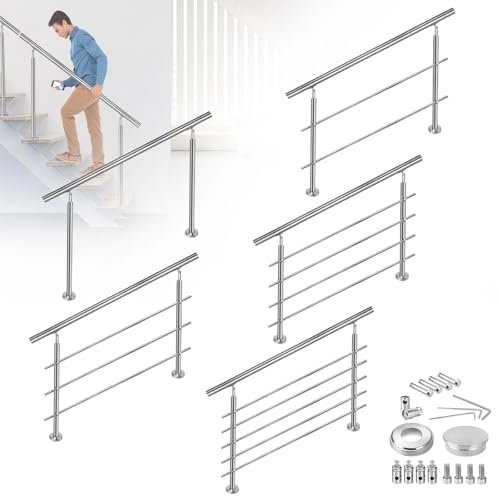 FIVMEN Corrimano per scale in acciaio inox, per esterni, 150 cm, parapetto con 2 montanti, per interni ed esterni, 2 barre trasversali