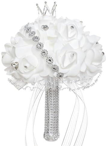 Ekakashop Bouquet da sposa, per matrimonio, romantico, in seta, per spose, bouquet di rose, bouquet di rose, bouquet da sposa, per il giardino di casa, per feste di nozze, argento