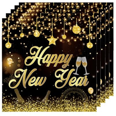 20St Silvester Servietten, Happy New Year, Deko 2025 Papierservietten, Tischdeko Schwarz Gold, Neujahr Partyservietten Party Zubehör, 33x33cm