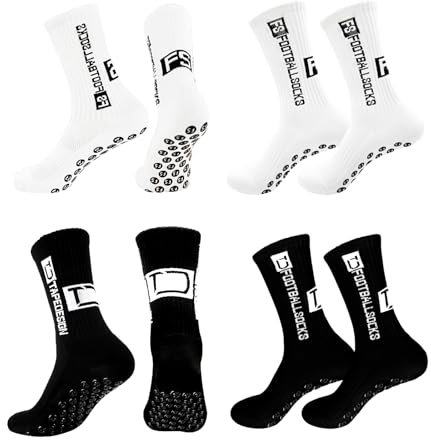 DYMHQ Herren Grip Socken, 4 Paare, Schwarz und Weiß, EU 41-45, Anti Rutsch Fußball Socken, Mittlere Wade, Sport, Outdoor, Laufsocken