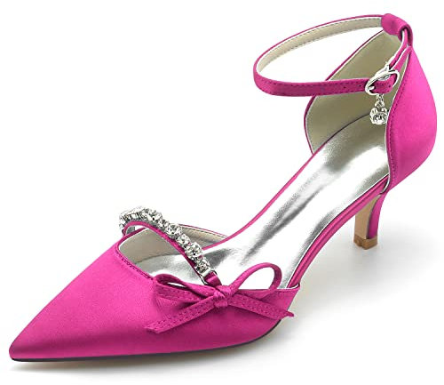 HFWXYSA Décolleté da donna a punta con tacco medio alto, cinturino alla caviglia, in raso, scarpe da sposa, da sera, feste, matrimoni, décolleté con strass, Fucsia, 43 EU